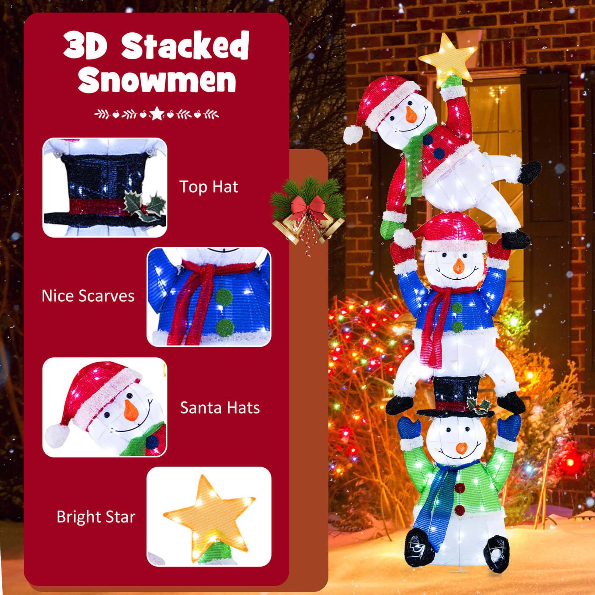 3D Stacked Snowmen

- Top Hat
- Nice Scarves
- Santa Hats
- Bright Star