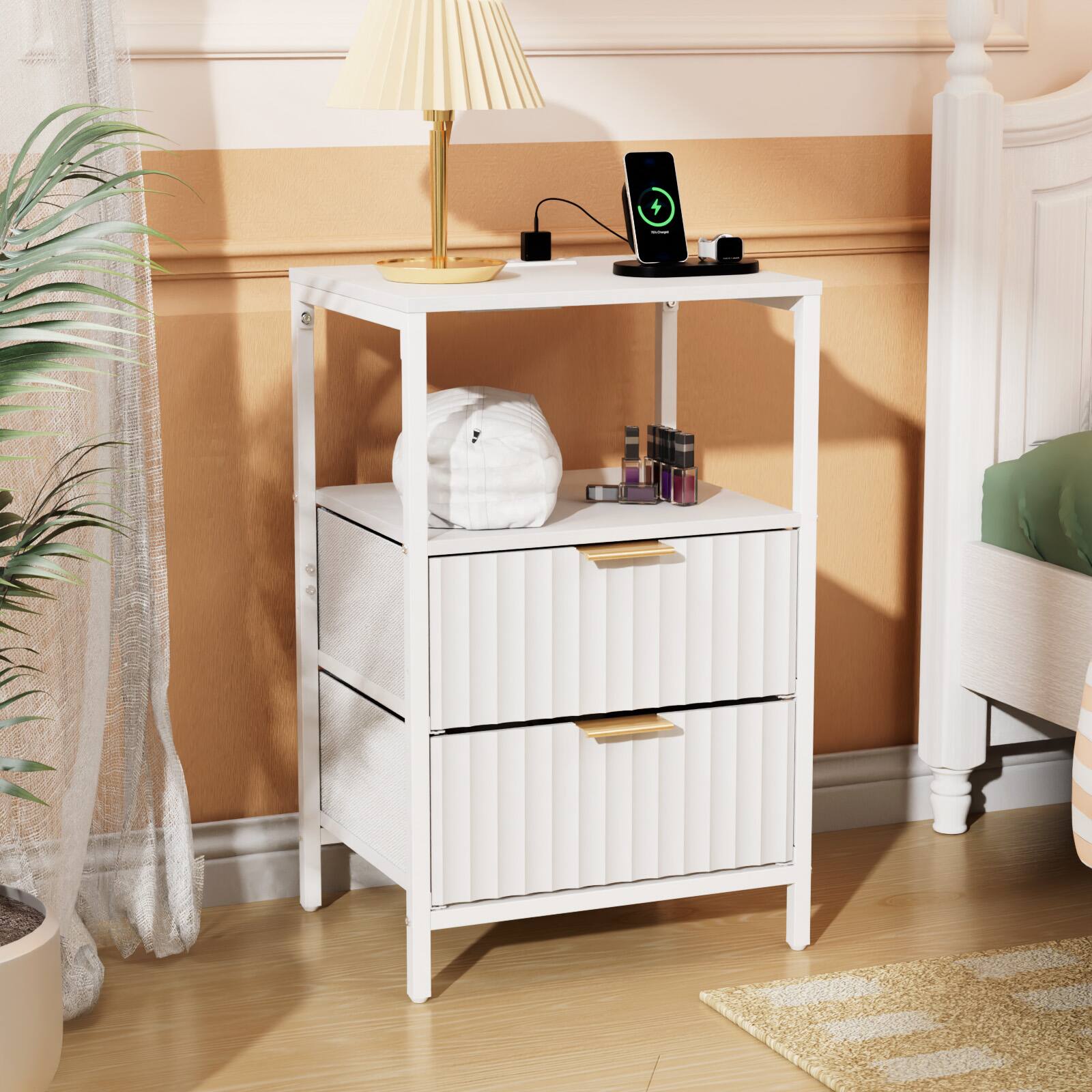 Alt View 6. Winado - Set of 2 Fluted Nightstand with Charging Station 2 Fabric Drawers and Shelves USB Type-C AC Outlets Front Bedside Table - White.