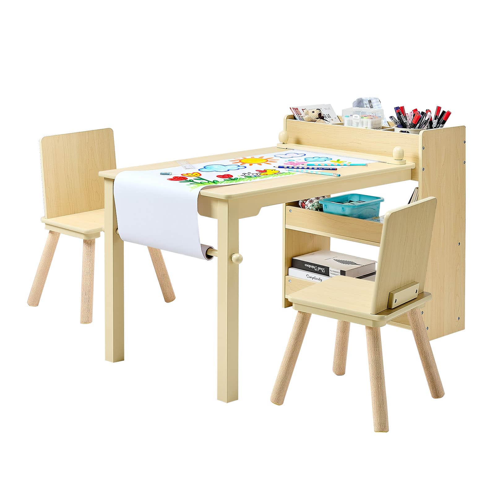 VEVOR - Kids Art Table and Chair Set, Toddler Craft Table with 3 Tiers Storage Cabinet, Wooden Kids Activity Play Desk - Light Wood