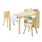 Front. VEVOR - Kids Art Table and Chair Set, Toddler Craft Table with 3 Tiers Storage Cabinet, Wooden Kids Activity Play Desk - Light Wood.