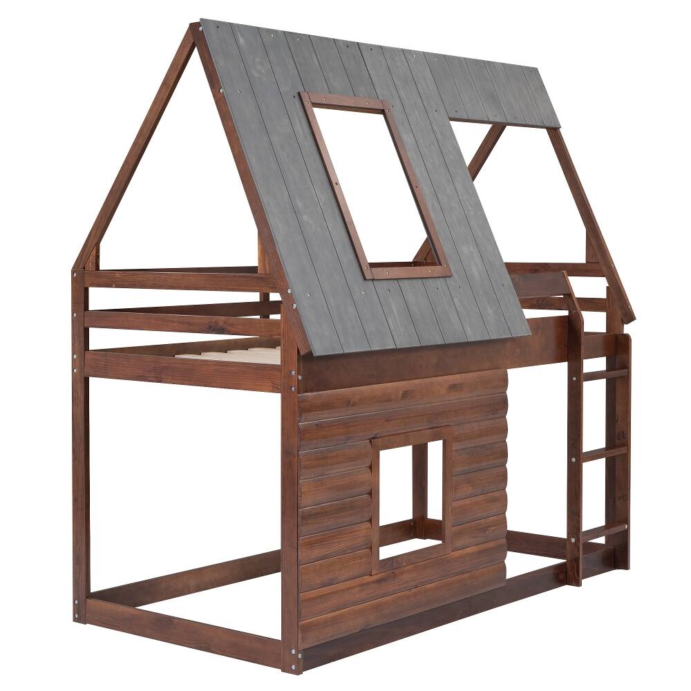 Alt View 10. Loheer - Loheer Wood Twin Over Twin House Bunk Bed with Roof and Windows Oak - Oak & Smoky Grey.