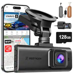REDTIGER - 4K 3.18" Touch Screen Night Vision Dash Cam, STARVIS 2, Voice Control, 128GB, 5.8GHz WiFi, GPS, 24H Parking Mode - Black
