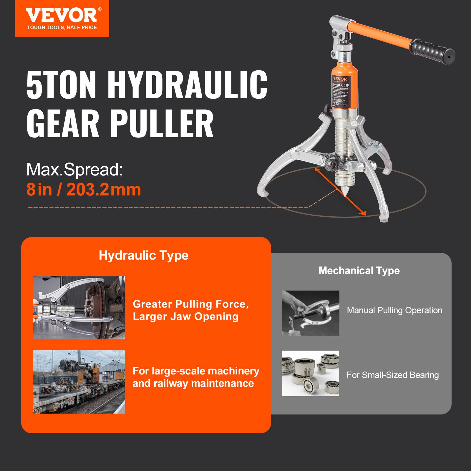 VEVOR TOUGH TOOLS, HALF PRICE

5TON HYDRAULIC GEAR PULLER

Max. Spread: 8in / 203.2mm

Hydraulic Type
- Greater Pulling Force
- Larger Jaw Opening
- For large-scale machinery and railway maintenance

Mechanical Type
- Manual Pulling Operation
- For Small-Sized Bearing