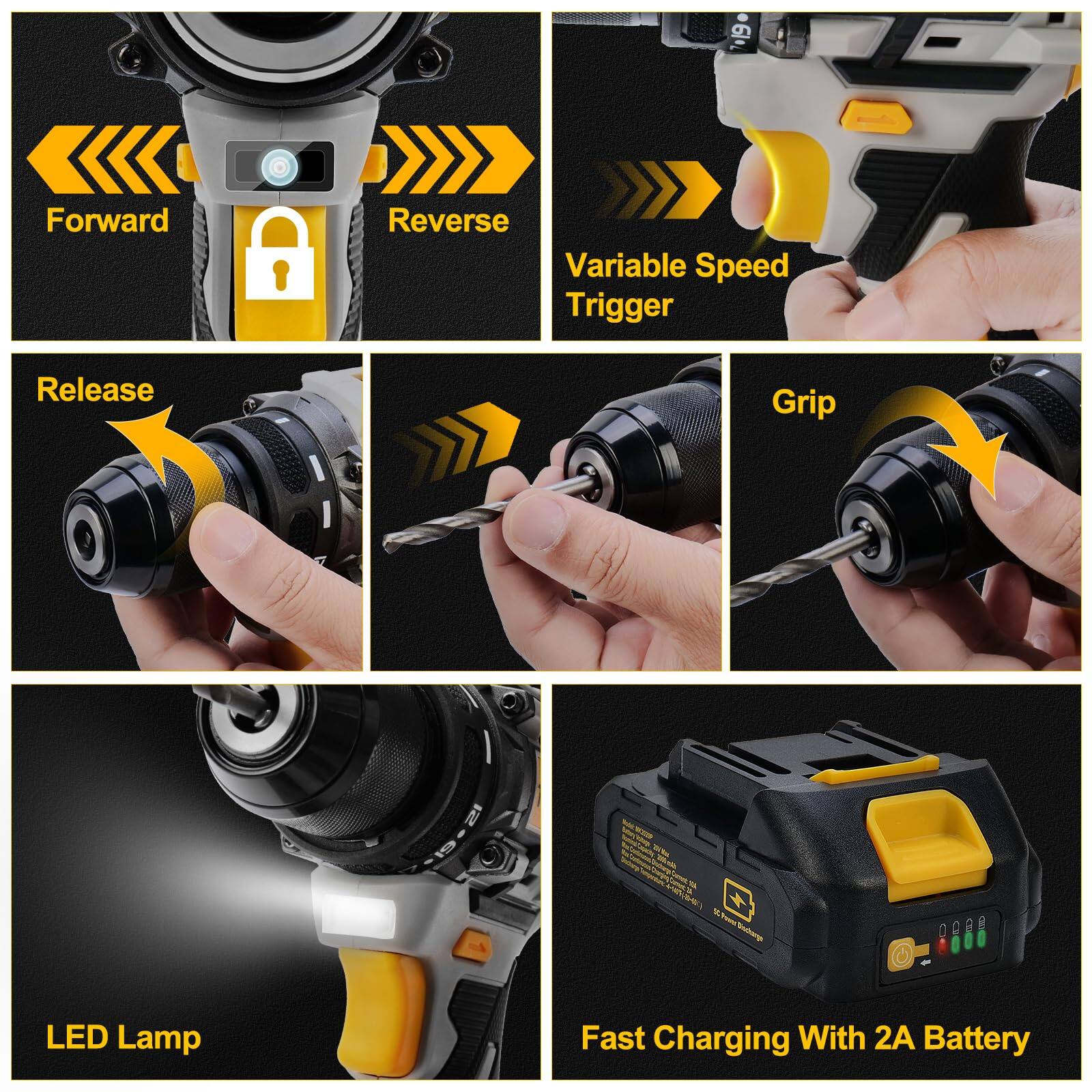 - Forward
- Reverse
- Variable Speed Trigger
- Release
- Grip
- LED Lamp
- Fast Charging With 2A Battery
