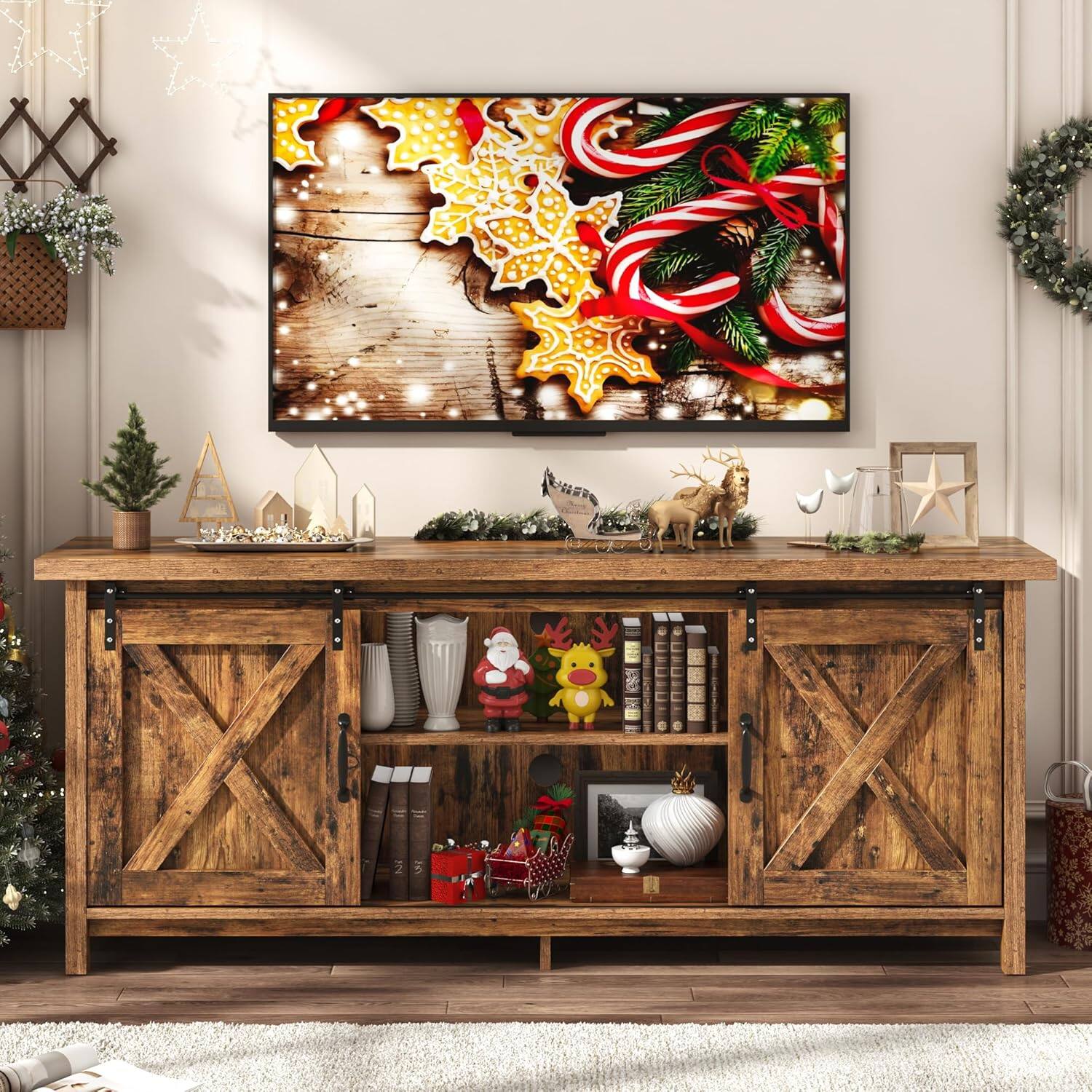 Left. Espafurni - 58" Farmhouse TV Stand - Fits 55 - 65" TVs, Adj Shelves, Barn Door, for Home - Brown.