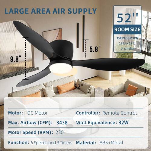 LARGE AREA AIR SUPPLY  
52"  
ROOM SIZE: 9.8" x 5.8"  
AVERAGE ROOM: 12 ft x 12 ft x 12 ft or smaller  

Motor: DC Motor  
Controller: Remote Control  
Max. Airflow (CFM): 3438  
Watt Equivalence: 32W  
Motor Speed (RPM): 230  
Function: 6 Speeds and 3 Timers  
Material: ABS+Metal