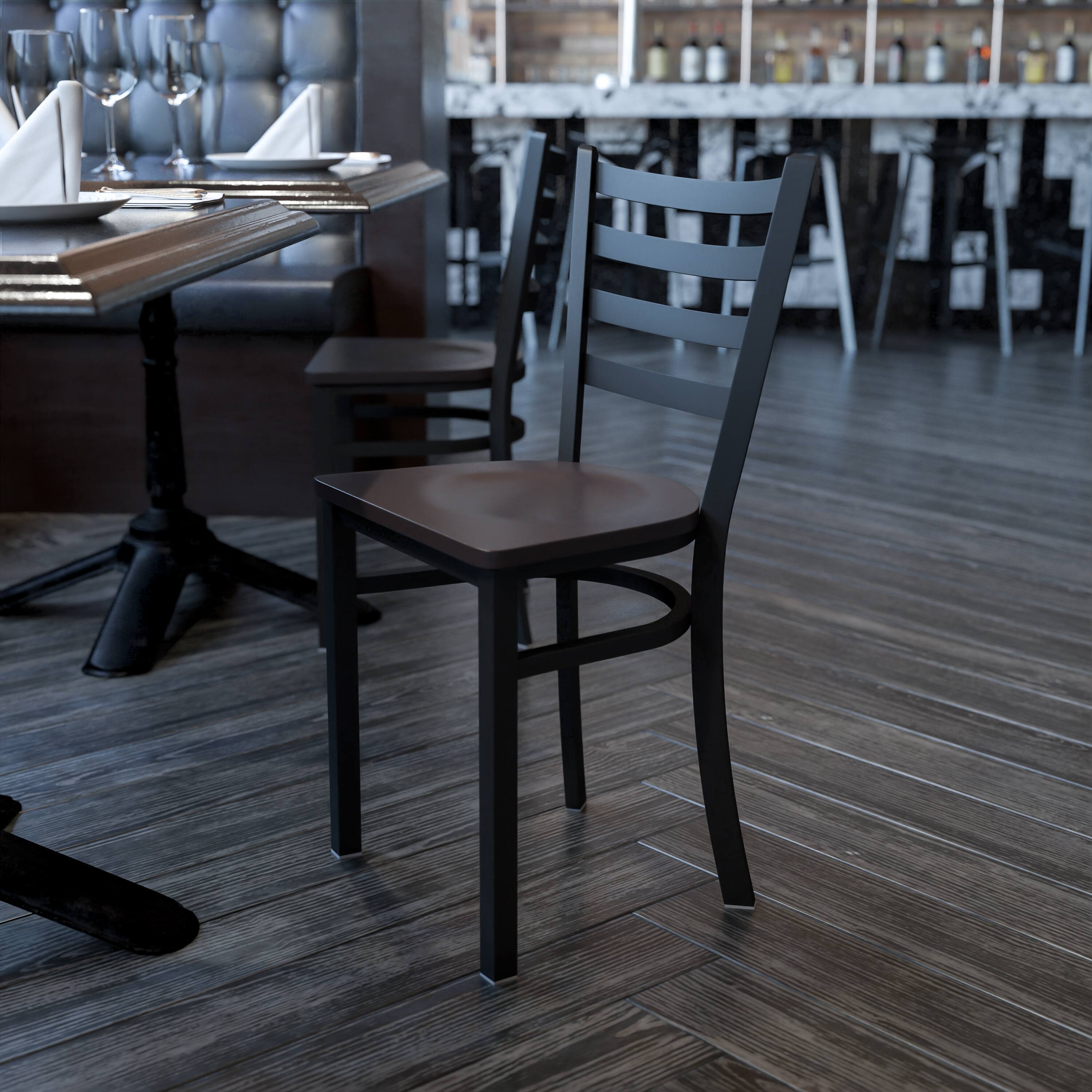 Alt View 1. Emma + Oliver - Ladder Back Metal Restaurant Dining Chair - Walnut Wood Seat/Black Metal Frame.