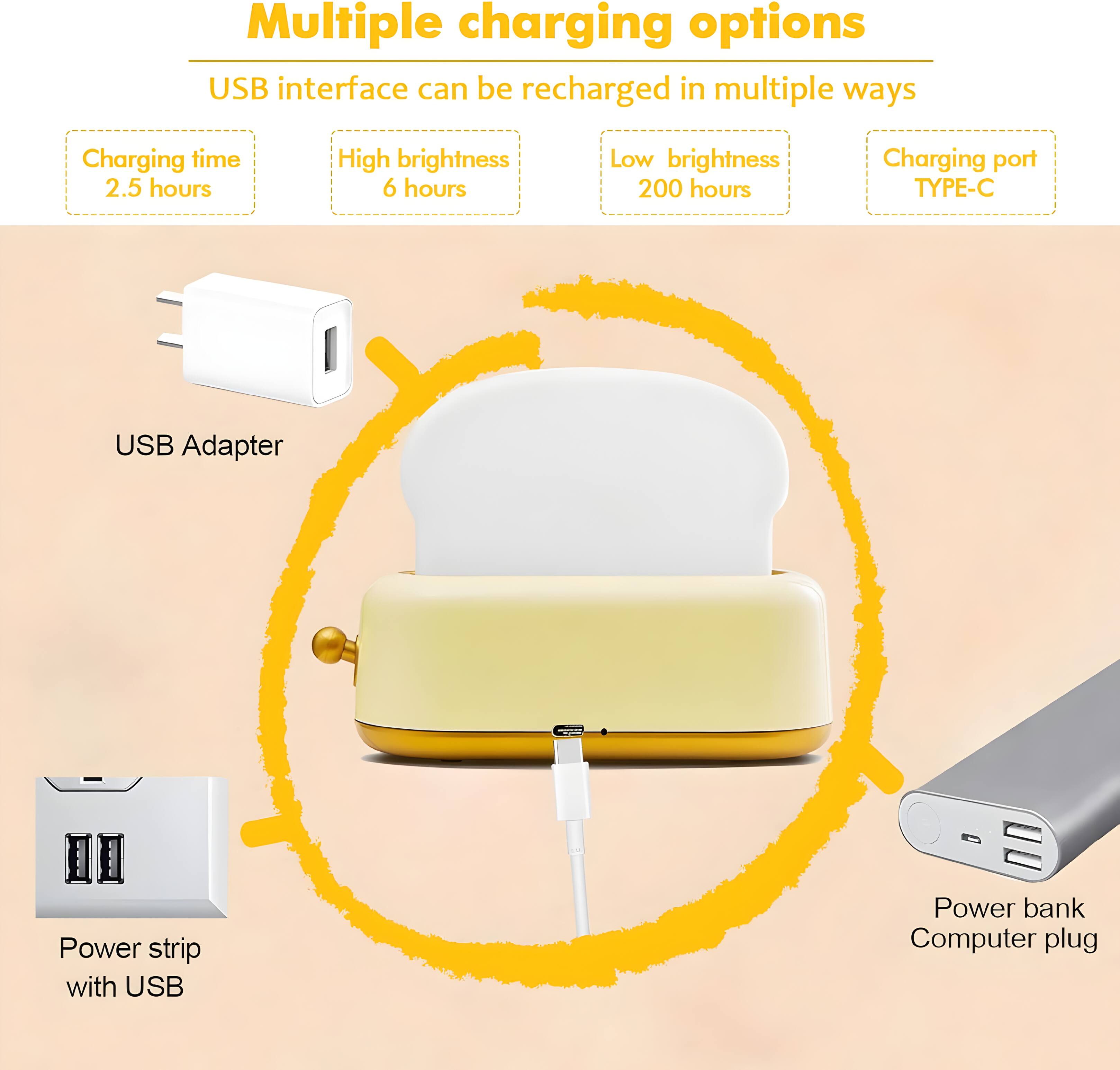 Multiple charging options  
USB interface can be recharged in multiple ways  

- Charging time: 2.5 hours  
- High brightness: 6 hours  
- Low brightness: 200 hours  
- Charging port: TYPE-C  

USB Adapter  
Power strip with USB  
Power bank  
Computer plug