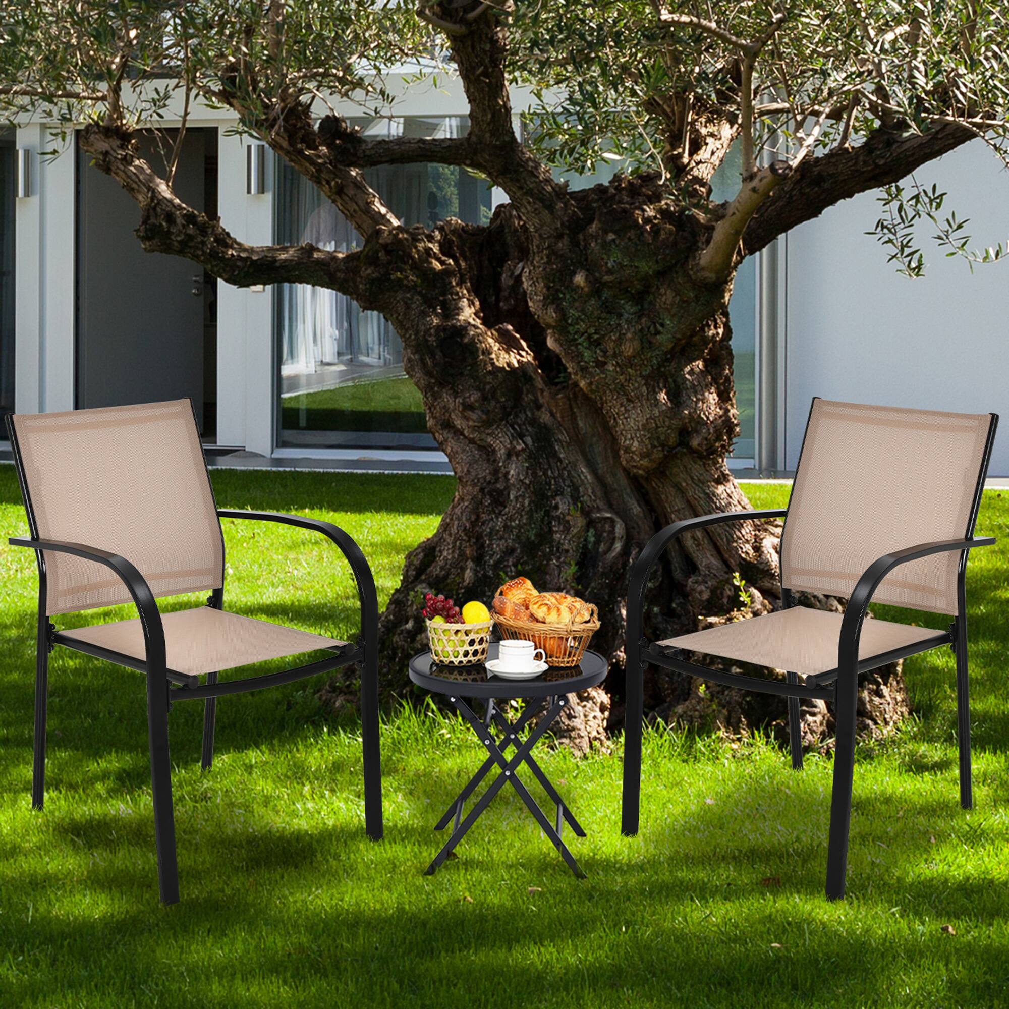Alt View 3. Gymax - Gymax 4PCS Stackable Patio Dining Chair w/ Steel Frame & Quick-drying Fabric - Brown and black.