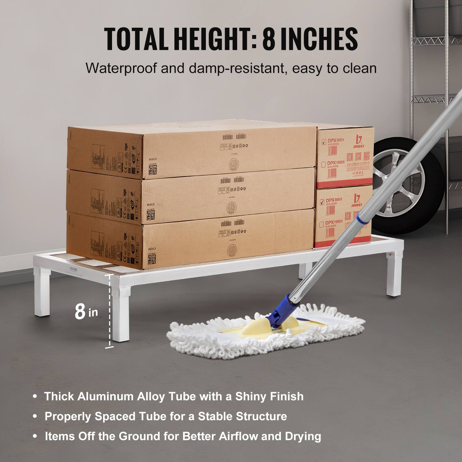 TOTAL HEIGHT: 8 INCHES  
Waterproof and damp-resistant, easy to clean  

- Thick Aluminum Alloy Tube with a Shiny Finish  
- Properly Spaced Tube for a Stable Structure  
- Items Off the Ground for Better Airflow and Drying