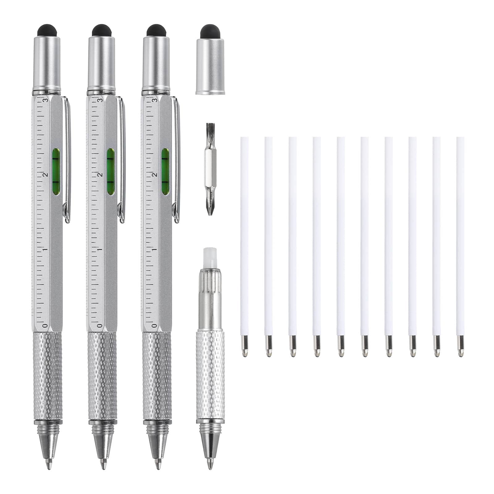 Unique Bargains - 3pcs 6 in 1 Aluminium Multitool Tech Tool Pen with Ballpoint Pen, Ruler, Screwdriver, Stylus, Level Gauge, Refills - Silver