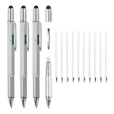 Front. Unique Bargains - 3pcs 6 in 1 Aluminium Multitool Tech Tool Pen with Ballpoint Pen, Ruler, Screwdriver, Stylus, Level Gauge, Refills - Silver.