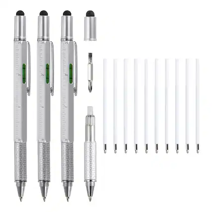 Front. Unique Bargains - 3pcs 6 in 1 Aluminium Multitool Tech Tool Pen with Ballpoint Pen, Ruler, Screwdriver, Stylus, Level Gauge, Refills - Silver.