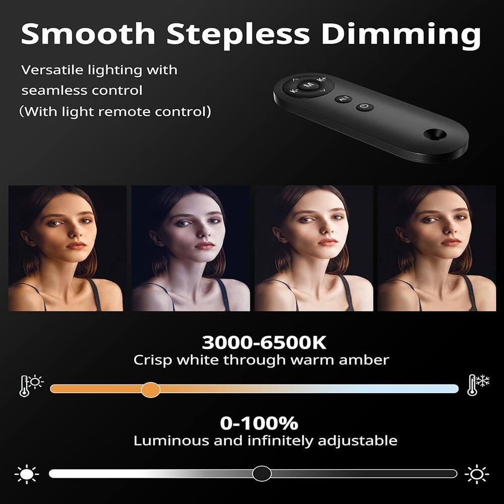 Smooth Stepless Dimming

Versatile lighting with seamless control  
(With light remote control)

3000-6500K  
Crisp white through warm amber

0-100%  
Luminous and infinitely adjustable