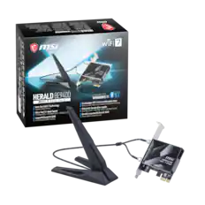 4 : ISLI | : | : - oa. : HEHVTDBEAO WiFi 7 msi T0SS - S BE9400 Compatibile with HERALD WINDOWS 11 5.4 7 PCle Card gnration WiFi WIF17 de nouvelle nhan Technologie M d v aiteater d - - de nete SHa . Next-Gen WIFi7 7 Technology ultra-rapide drc - - Vitesse ri-bande Wes d OLd Upgade PROP I 201 csord fri-band Speed 764 Me Ultra-Fast ORd . AN Whes d A version MLO et 4K 4K-QAM STULMN actel . 28829pa Dernire m e afoachi - and 4K MAD- Latence Latest MILO Satency and higher afcieny Lowar HERALD msi 7 oE CRNO
---
**MSI Herald BE9400 WiFi 7 PCIe Card**
- Next-Gen WiFi 7 Technology
- Ultra-Fast Tri-Band Speed
- 5.744 Mbps (160