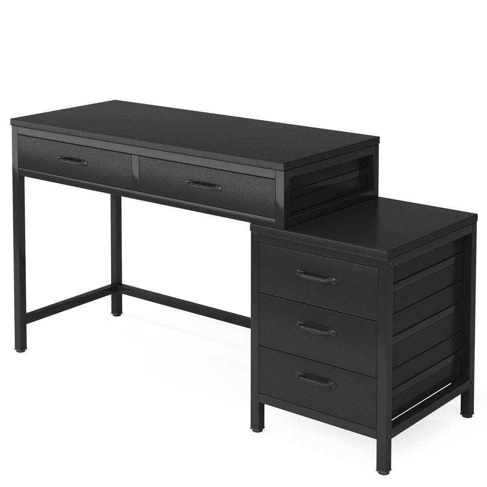 Front. Kadyn - Kadyn Study Writing Desk, Computer Desk,5-Drawer Computer Desk, Study Writing Table with Reversible Drawer Cabinet,Black - Black.
