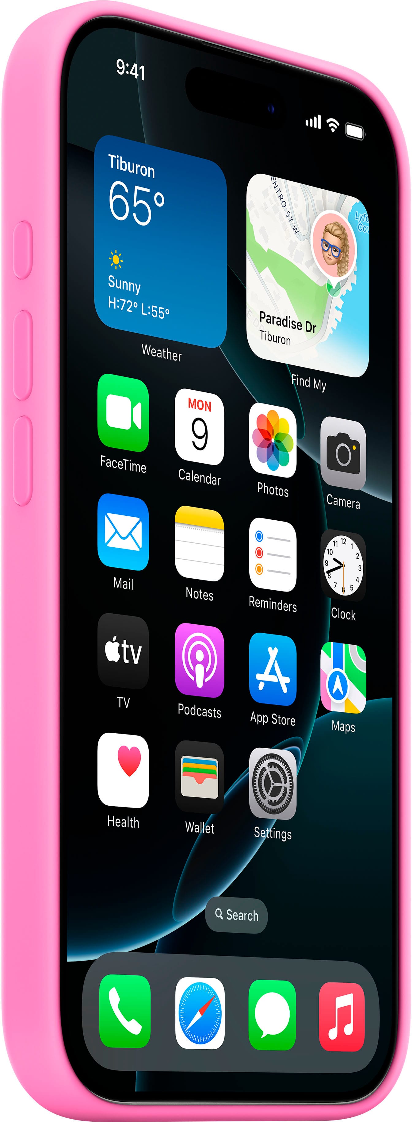 The text on the image reads:
9:41 Tiburon 65 Sunny H:72 L:55 Weather MON 9 FaceTime Calendar NTRO STW Lyfe Col D0 Paradise Dr Tiburon Find My Photos Camera Mail tv TV Health Notes Reminders A Podcasts App Store IT ( Wallet Settings 11 12 1 10 2 I 1 I 1 5 1 Clock A Maps Q Search
The text has been grouped and corrected as follows:
9:41 Tiburon 65 Sunny H:72 L:55 Weather MON 9 FaceTime Calendar NTRO STW Lyfe Col D0 Paradise Dr Tiburon Find My Photos Camera Mail tv TV Health Notes Reminders A Podcasts App Store IT ( Wallet Settings 11 12 1 10 2 I 1 I 1 5 1 Clock A Maps Q Search
The corrected text is organized in a way that makes it easier to read and understand. The text is grouped by topic, with each group of related items separated by a space. The text is also corrected for spelling and punctuation errors.