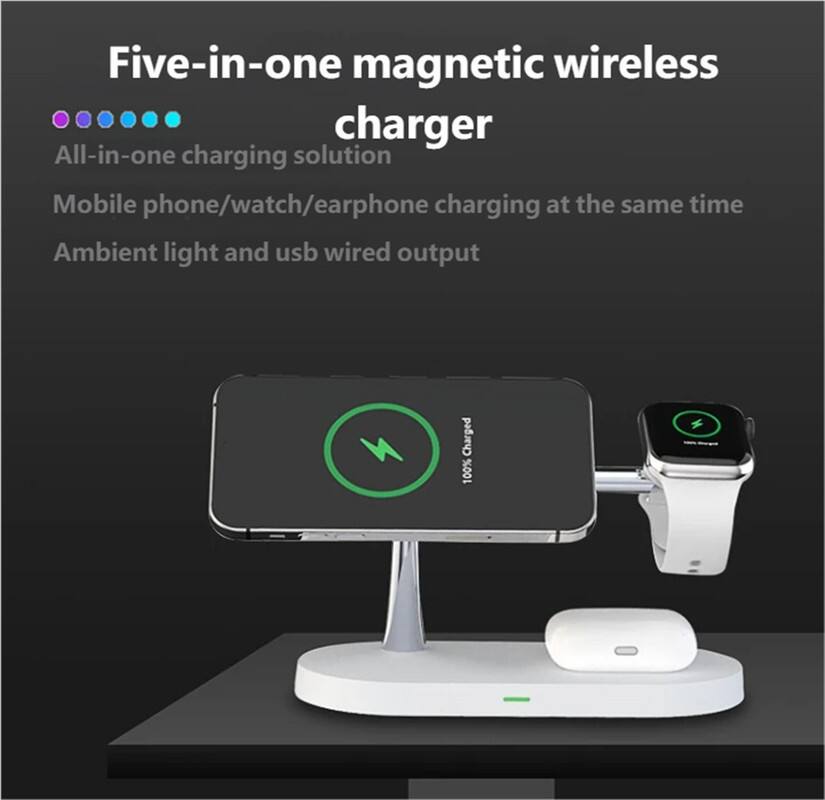 Five-in-one magnetic wireless charger

All-in-one charging solution

Mobile phone/watch/earphone charging at the same time

Ambient light and USB wired output

100% Charged