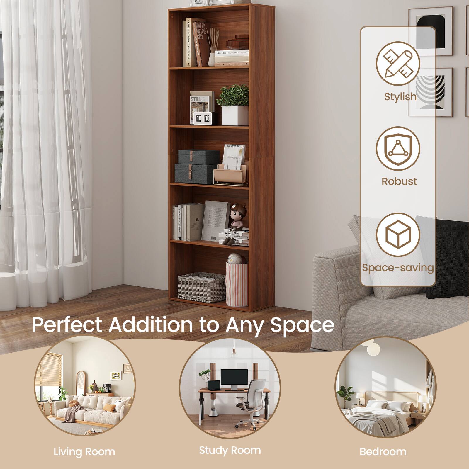 - Stylish
- Robust
- Space-saving
- Perfect Addition to Any Space
- Living Room
- Study Room
- Bedroom