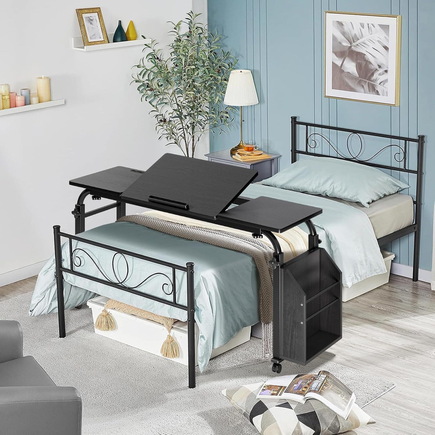 GARVEE - Overbed Table with Wheels, 47.24 in Laptop Desk Cart, Table Over The Bed Table Adjustable Height and Length, Black