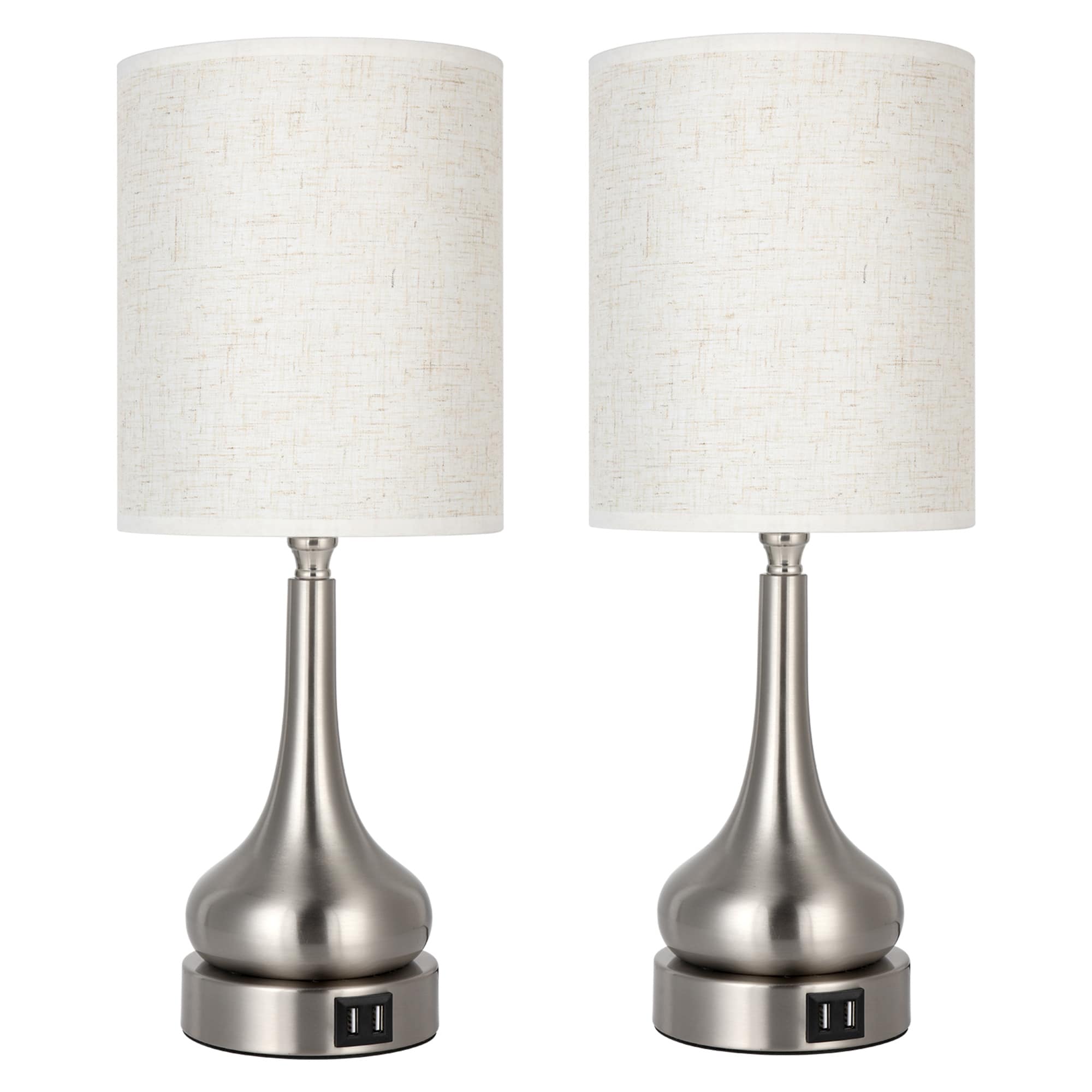 Oumilen - 2-Piece Gourd Table Lamp with Nickel Base, Touch Control, 2 USB Ports and Linen Shade