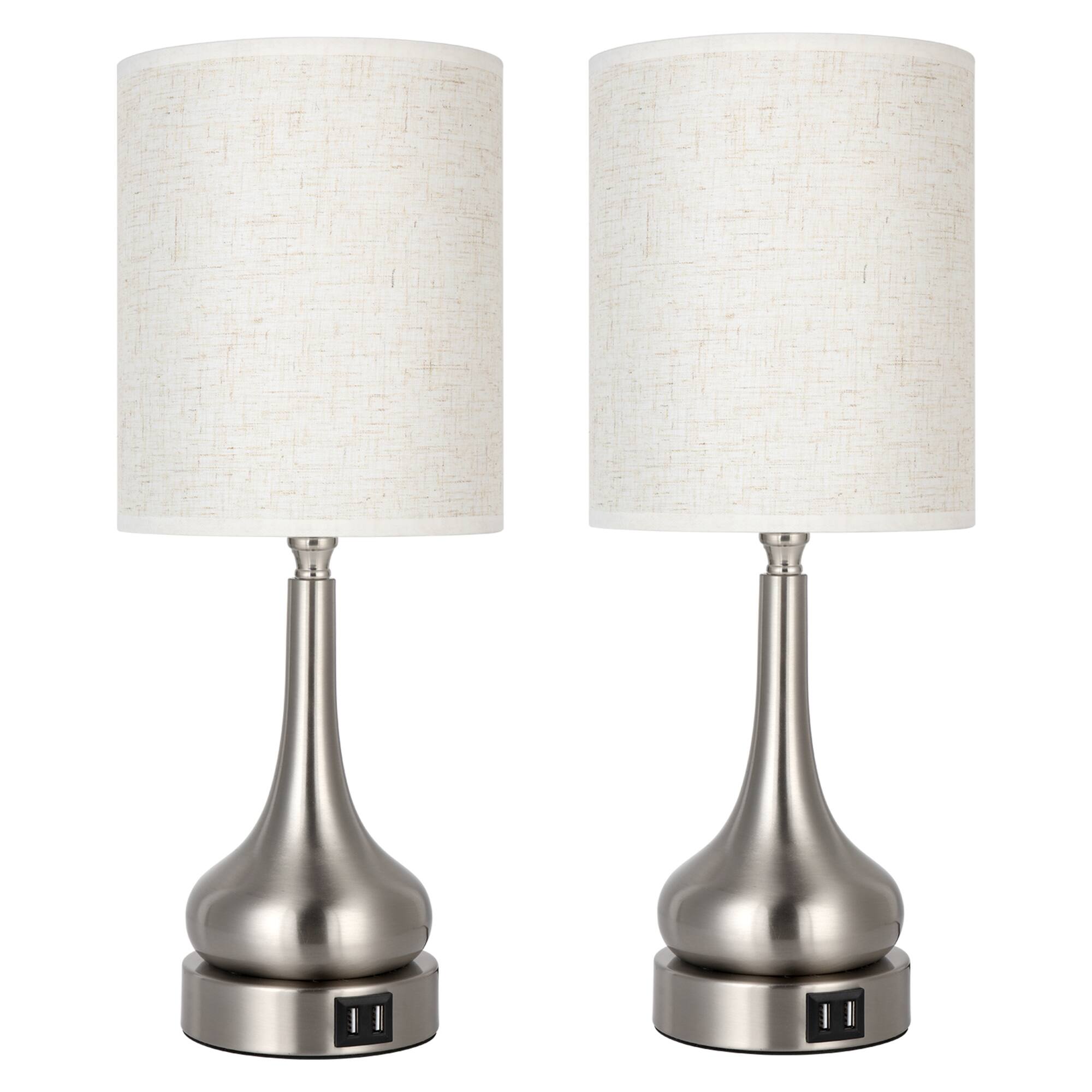 Front. Oumilen - 2-Piece Gourd Table Lamp with Nickel Base, Touch Control, 2 USB Ports and Linen Shade.