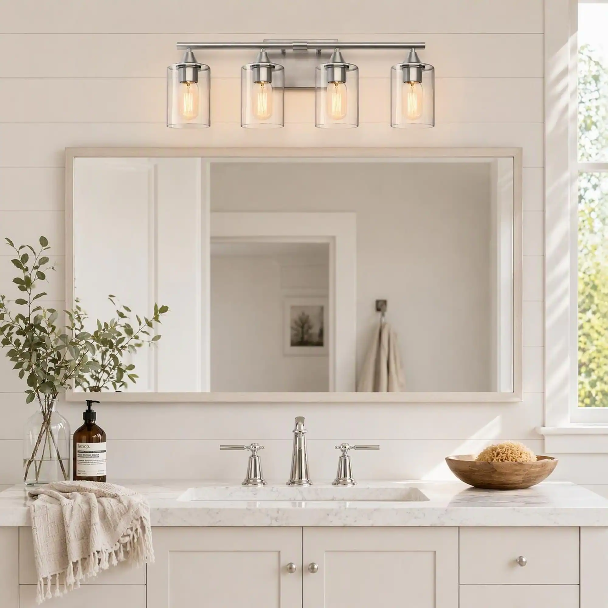 Left. RYHNUYNE - 4-Light Brushed Nickel Vanity Light for Bathroom, Clear Glass Shade Wall Sconce, Moisture-Proof Metal Frame.