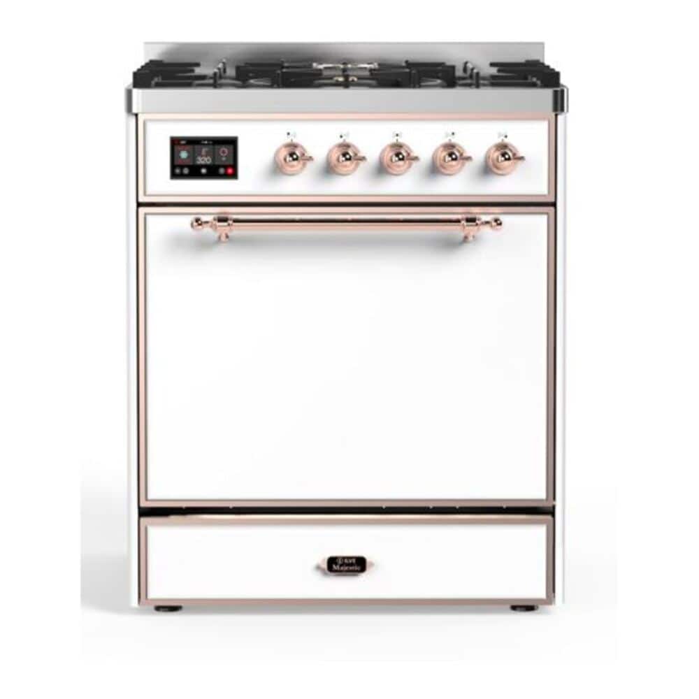 ILVE - Majestic II Series  30 in. Dual Fuel Range with 5 Sealed Burners (Natural Gas, Copper Trim) - White