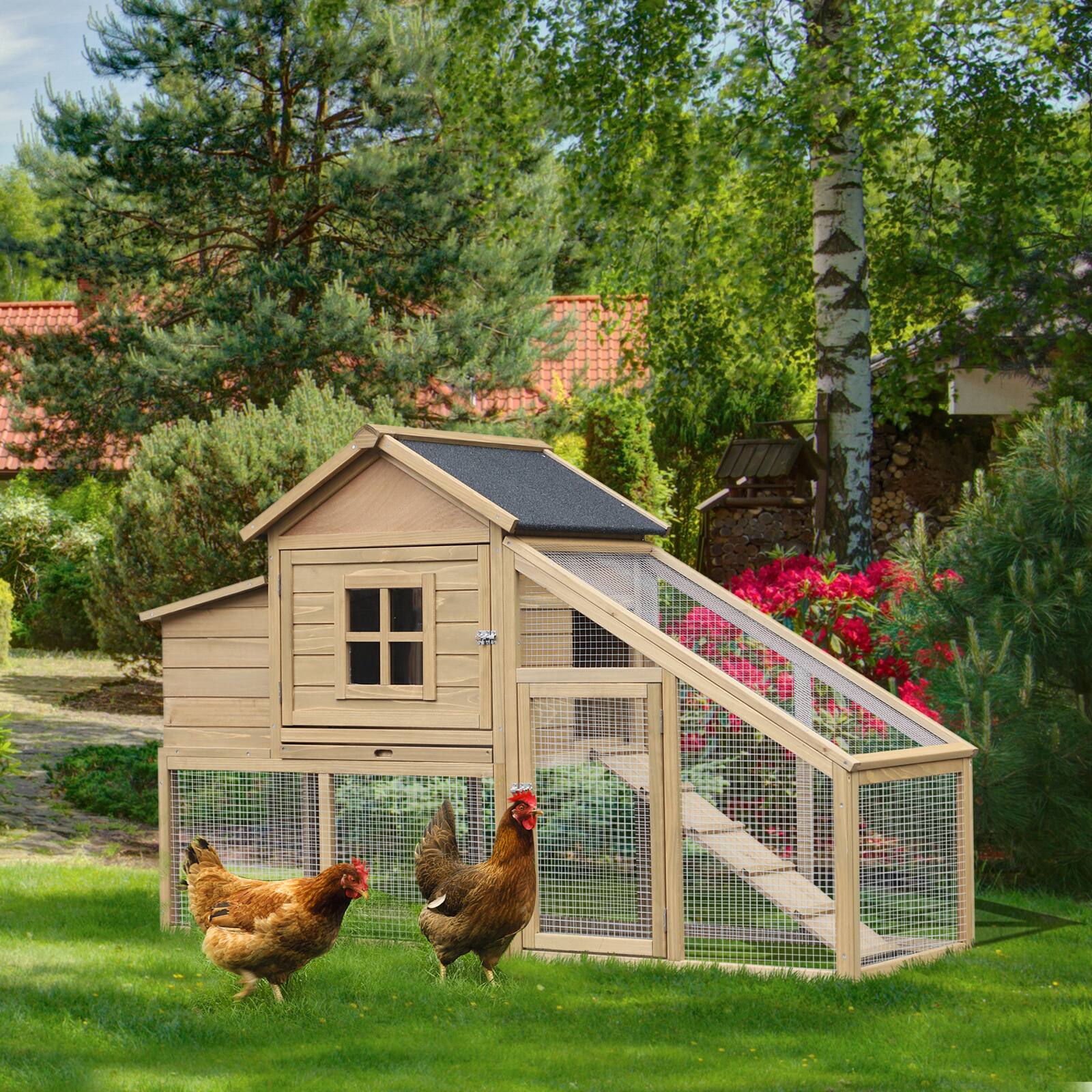 Alt View 1. Pawhut - 69" Wooden Chicken Coop, Poultry Cage Hen House with Connecting Ramp, Tray - Natural Wood.