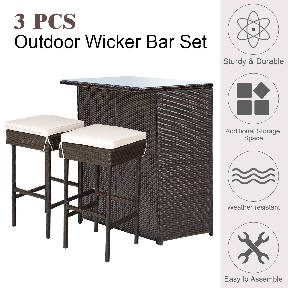 3 PCS Outdoor Wicker Bar Set: Sturdy & Durable, Additional Storage Space, Weather-resistant, Easy to Assemble.