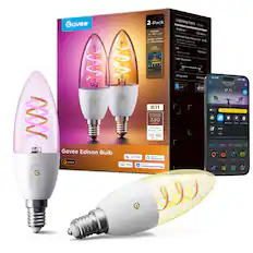 sooo ovee ---------------- Govee Edison Bulb Indoor
2-Pack 25000H for LED Light 2000K-6500K CRI>93@6500K App Control G B11 Brightness 330 lumens Estimated Energy Cost $0.46 per year
matter works with Google Home works alexa - with with Samsung SmartThings
Lighting Facts Per Sub Brightness 330 lumens Estimated Yearly Based no Energy Cost SO 46 Cost 3 tru/day depends etes total & Life Based 22.8 years hrs/day Light Appearance mill Cosi 2000K FOUOK Energy Used B.E Watts 10:44 ! 4 Cutcker Tol Light Connected APP IFTT 10% Color Scese Bunination Music Stat San ... MY May Displey Toxing gring esics teund . IT winted ver - - Helon Cook New pary to Food Count Rywar Tell Juloo