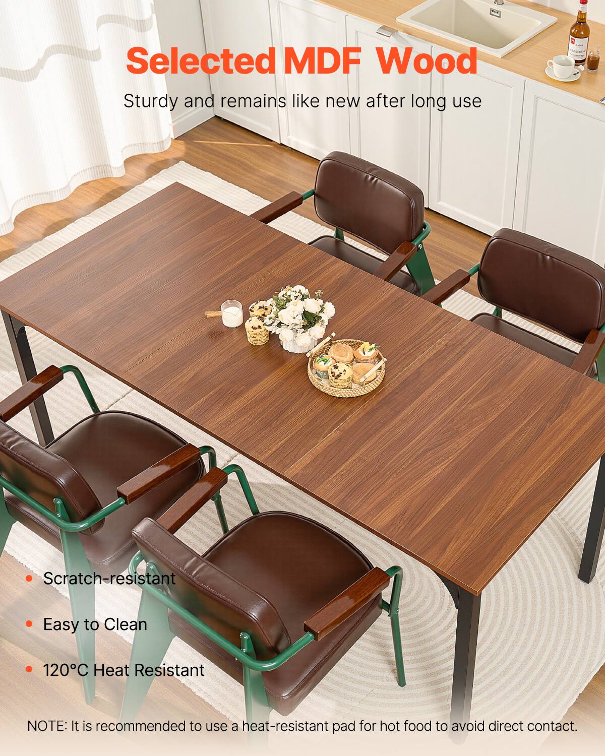 Selected MDF Wood  
Sturdy and remains like new after long use  

- Scratch-resistant  
- Easy to Clean  
- 120°C Heat Resistant  

NOTE: It is recommended to use a heat-resistant pad for hot food to avoid direct contact.