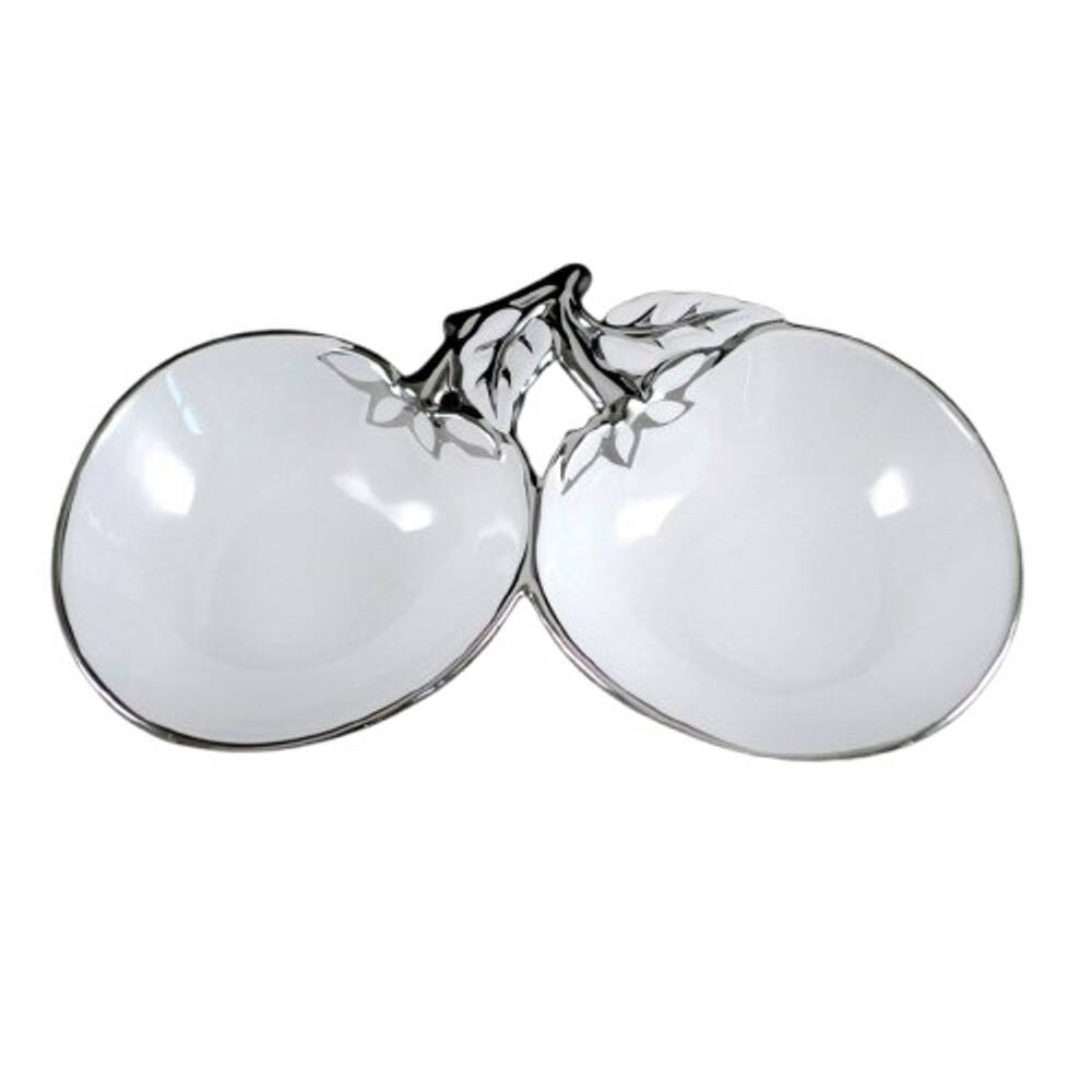 Front. Jiallo - 9.75" Ceramic Double Bowls with Silver Trim - White.