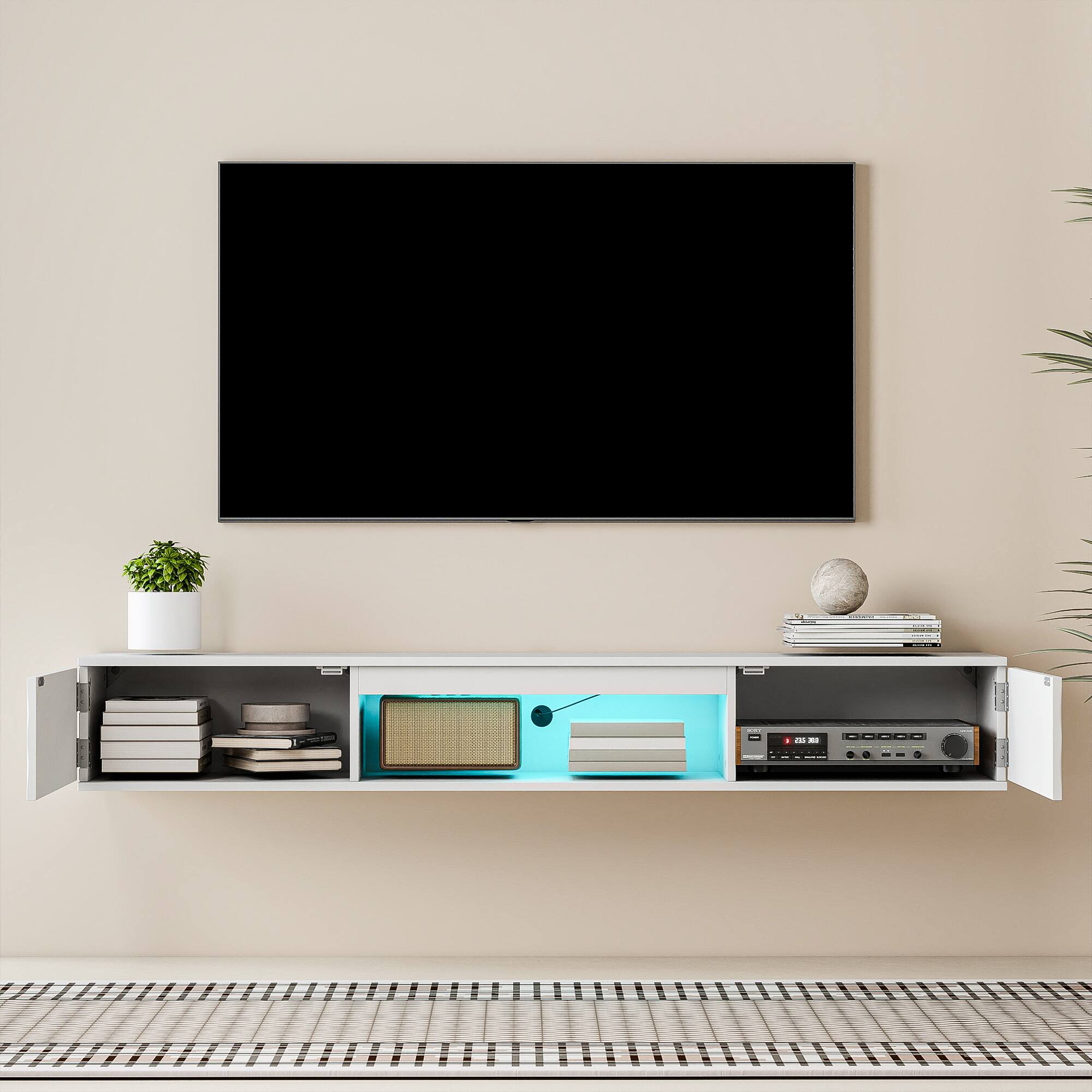Alt View 1. Kadyn - Wall-Mounted Floating TV Stand with LED Lighting and Twisted Texture Design - White.
