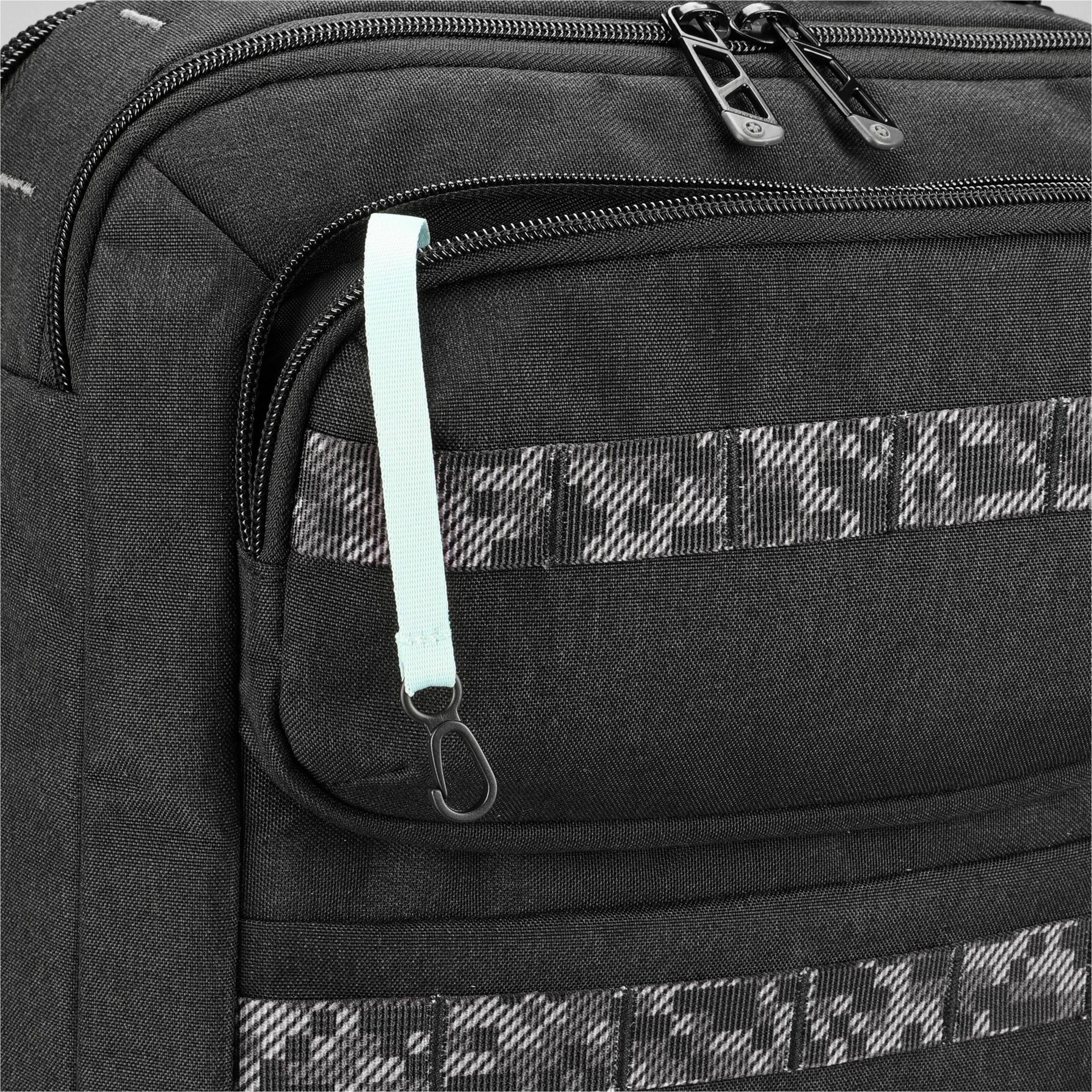 The image features a black and grey backpack with a white zipper. The zipper is open, revealing the backpack's interior. The backpack is sitting on a surface, possibly a table or a floor.