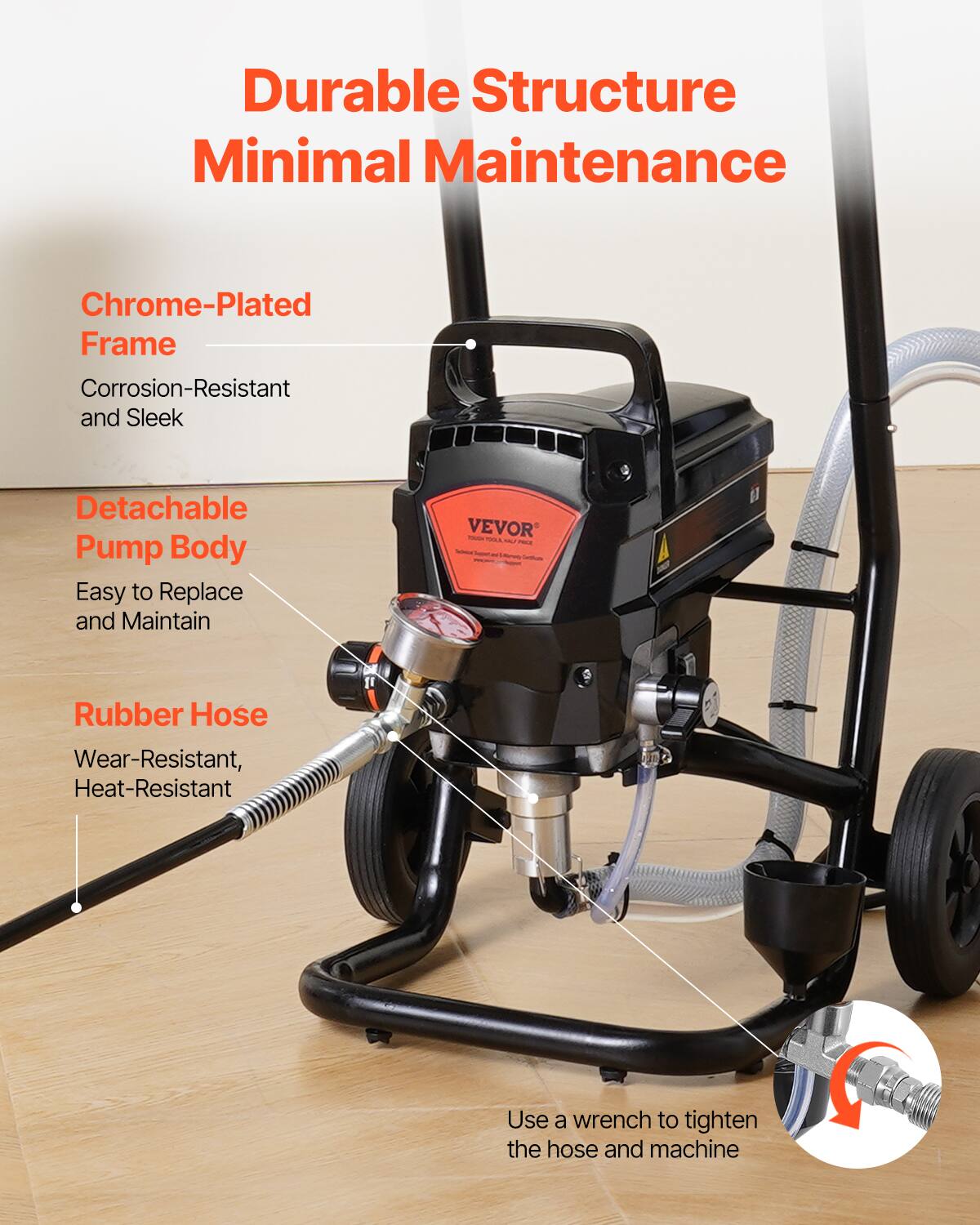 Durable Structure Minimal Maintenance

Chrome-Plated Frame Corrosion-Resistant and Sleek

Detachable Pump Body Easy to Replace and Maintain

Rubber Hose Wear-Resistant, Heat-Resistant

Use a wrench to tighten the hose and machine