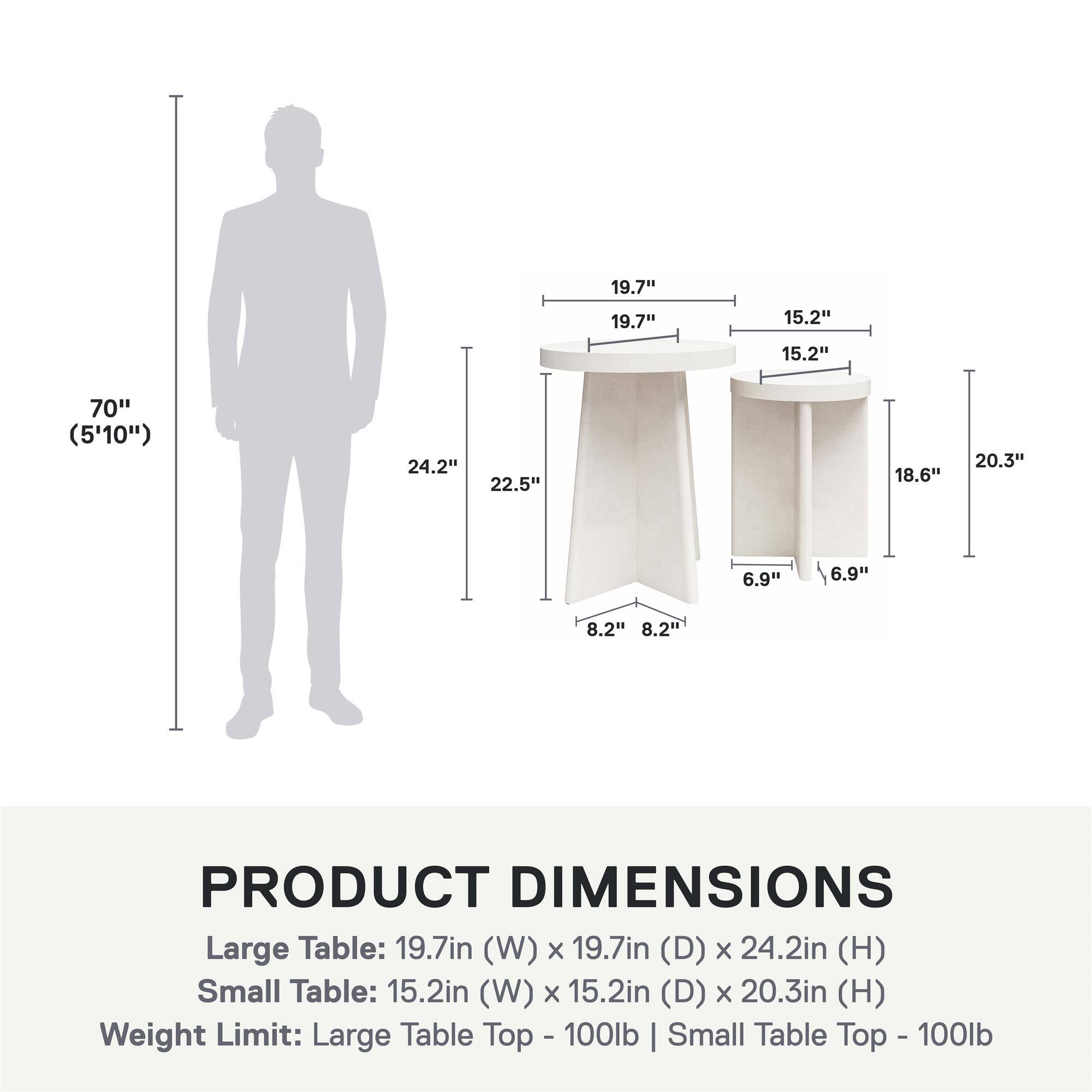 **PRODUCT DIMENSIONS**

- Large Table: 19.7in (W) x 19.7in (D) x 24.2in (H)
- Small Table: 15.2in (W) x 15.2in (D) x 20.3in (H)

**Weight Limit:**
- Large Table Top - 100lb
- Small Table Top - 100lb