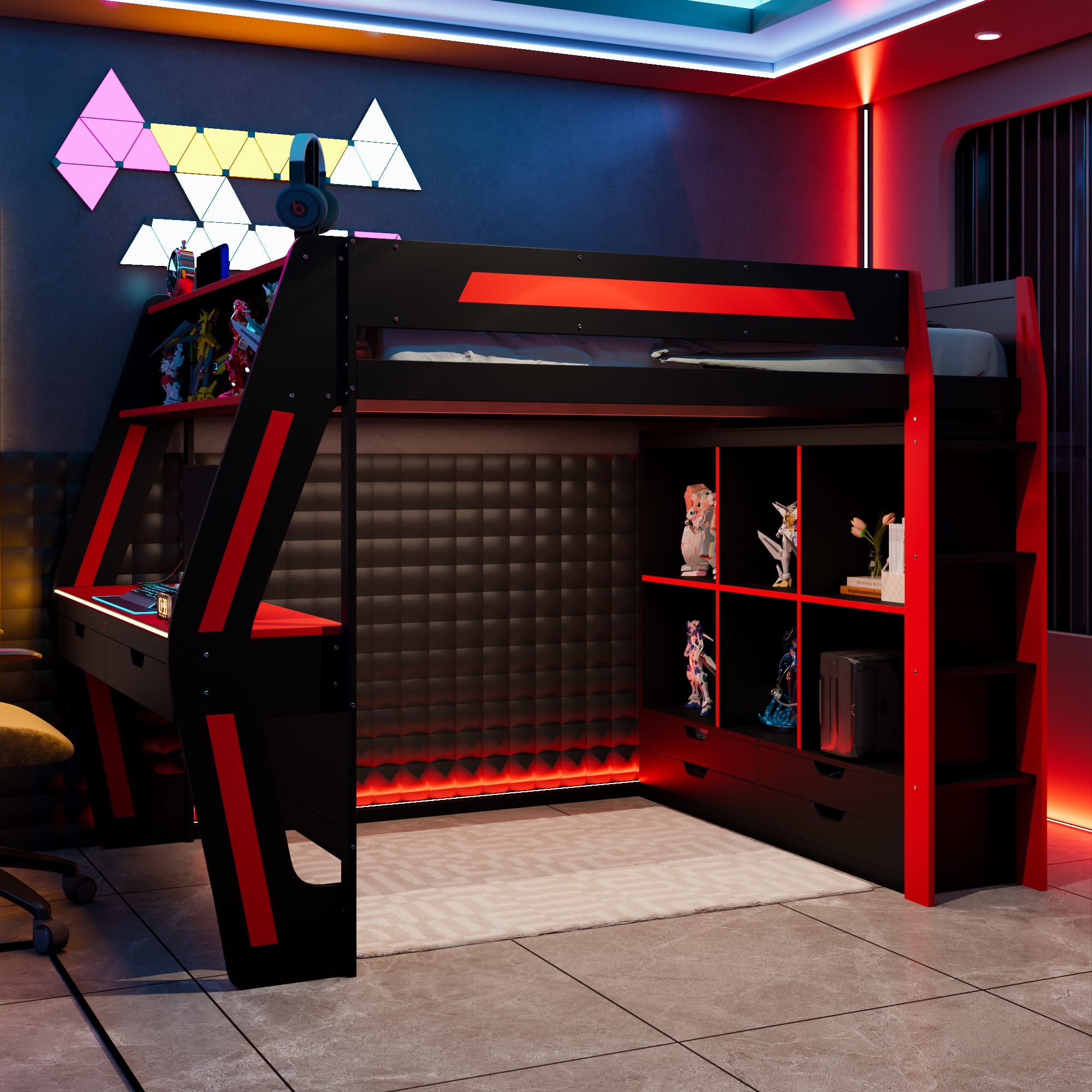 Anysun- Full Gaming Loft Bed with Desk & RGB Lights- Wooden High Bed, 6 Storage Cubbies, 6 Drawers & Safety Staircase- Red