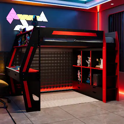 Front. Anysun - Full Gaming Loft Bed with Desk & RGB Lights - Wooden High Bed, 6 Storage Cubbies, 6 Drawers & Safety Staircase - Red.