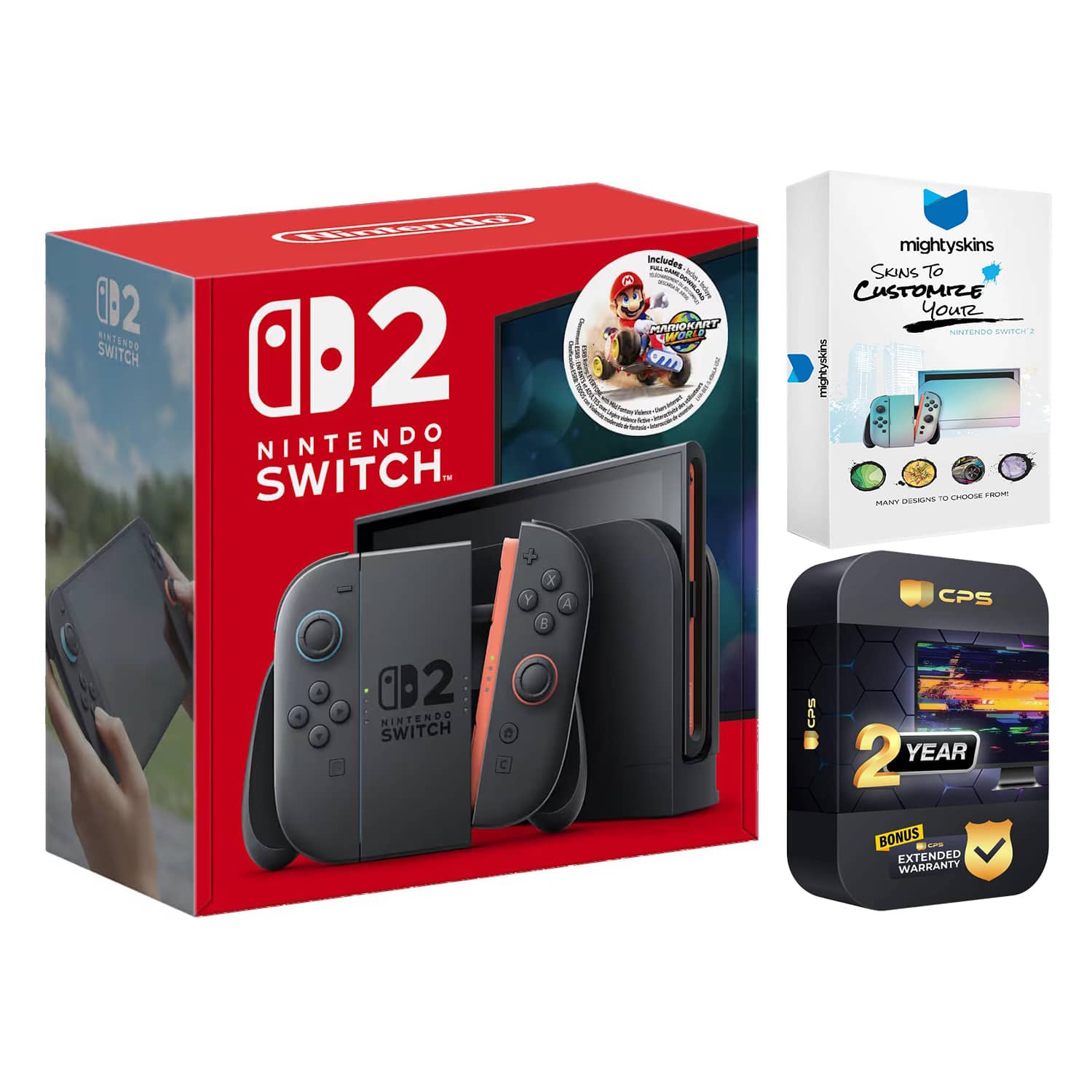 Switch 2 Mario Kart World Bundle with MightySkins Code and 2 Year Extended Warranty - Nintendo Switch 2