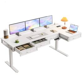 OffiGo - L Shaped Electric Standing Desk with Wooden Drawers, Height Adjustable Corner Sit Stand Workstation with Power Outlets - White