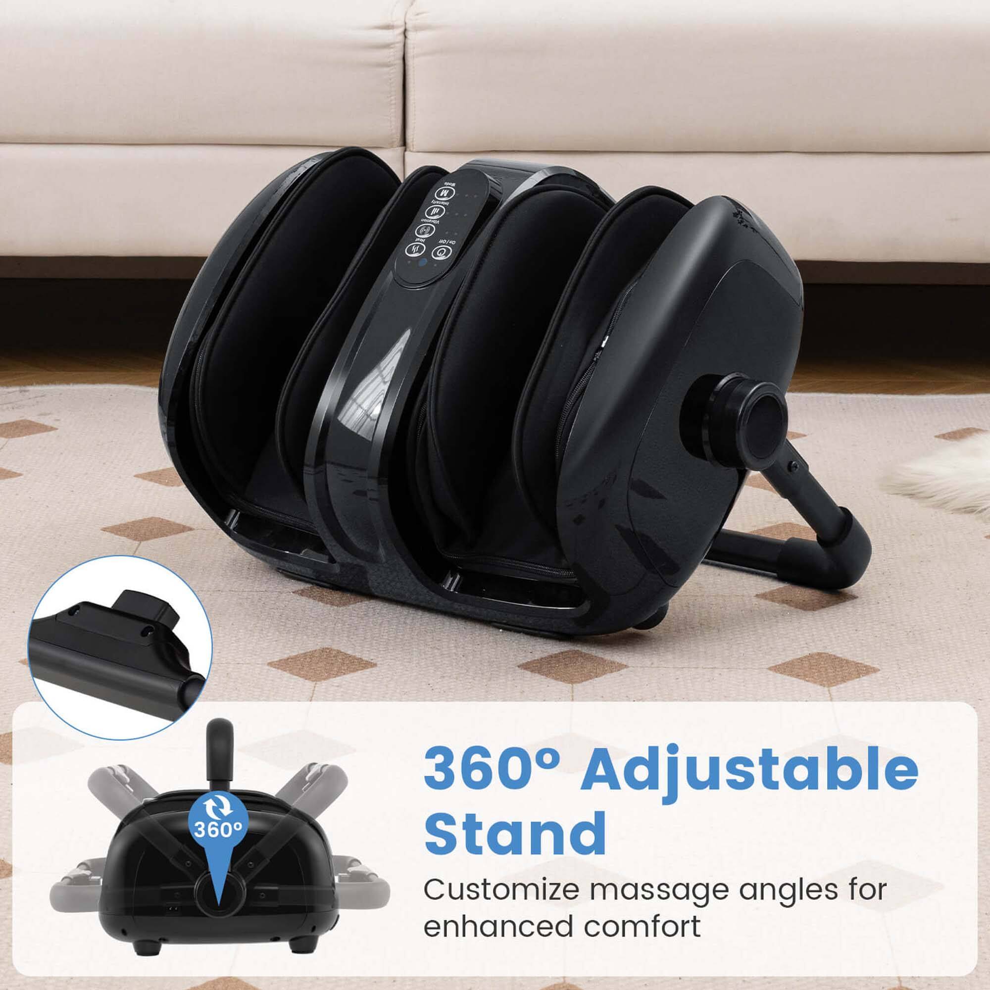 The text on the image reads: "360 Adjustable Stand Customize massage angles for enhanced comfort."
