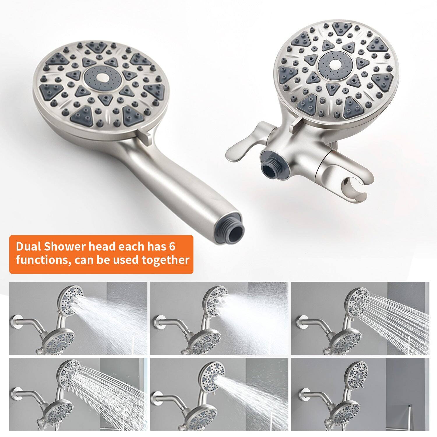 Dual Shower head each has 6 functions, can be used together
