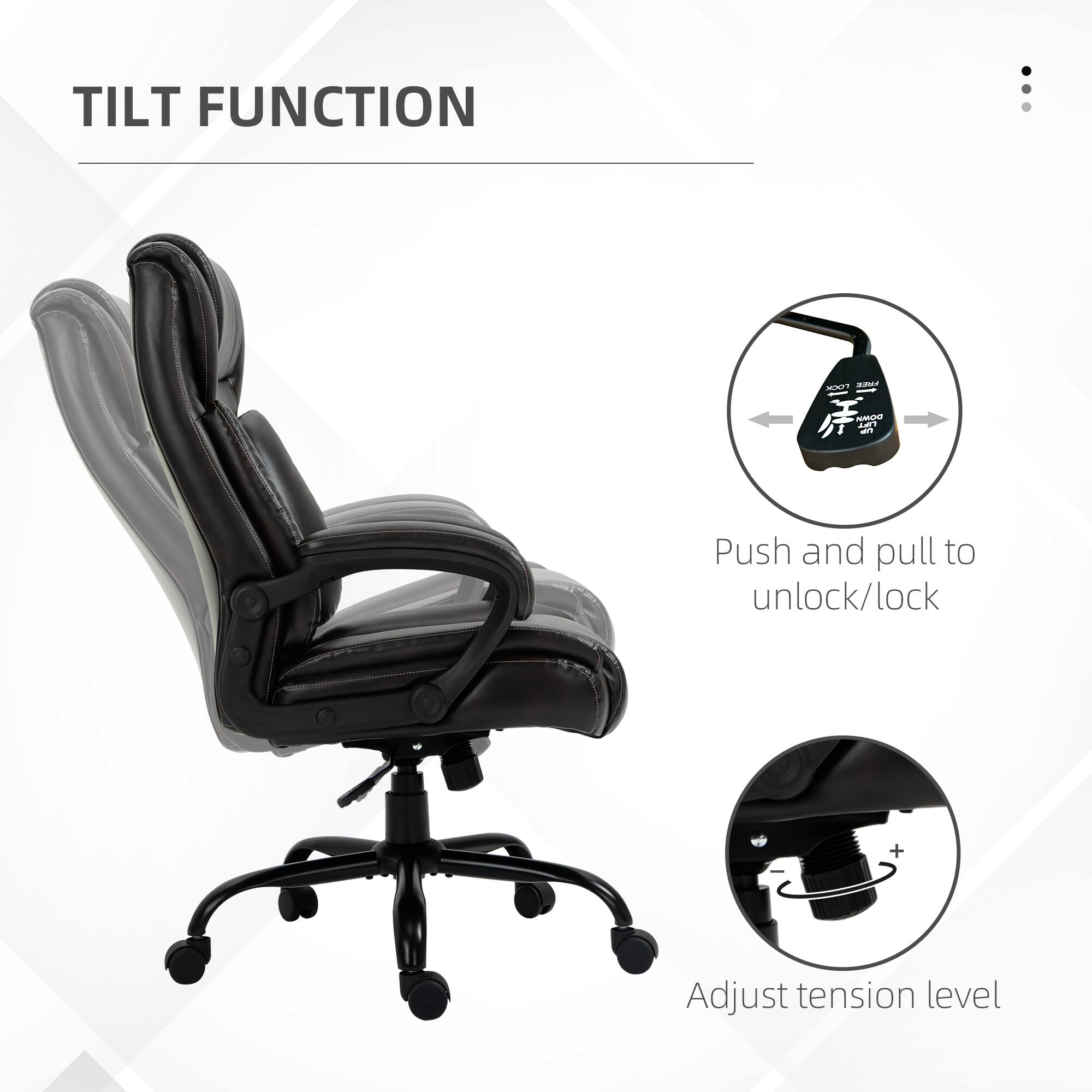 TILT FUNCTION

- Push and pull to unlock/lock
- Adjust tension level