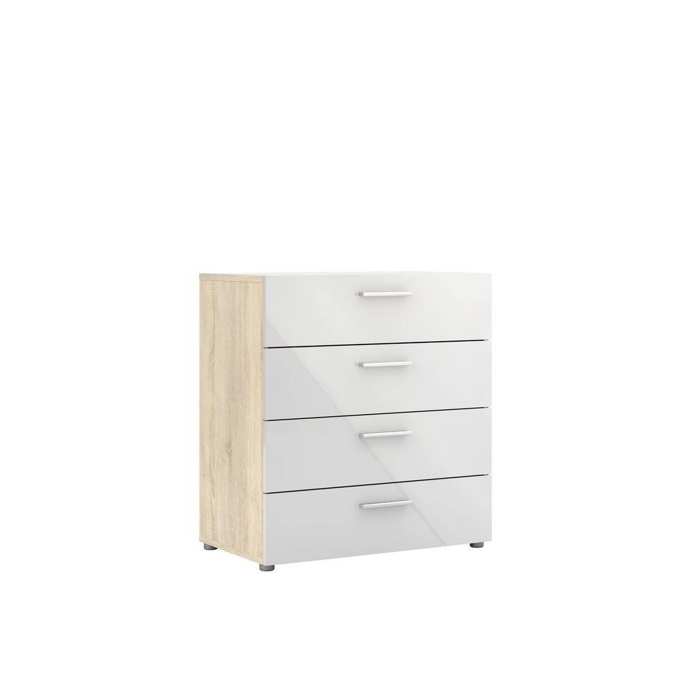 Angle. FurniFact - White Wooden Dresser - 4 Drawer Bedroom Furniture for Storage and Organization - Oak Structure/White High Gloss.