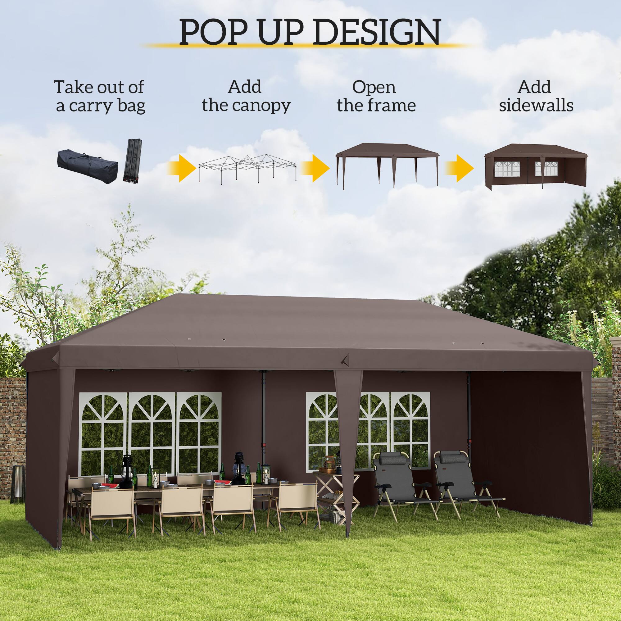 POP UP DESIGN

Take out of a carry bag
Add the canopy
Open the frame
Add sidewalls