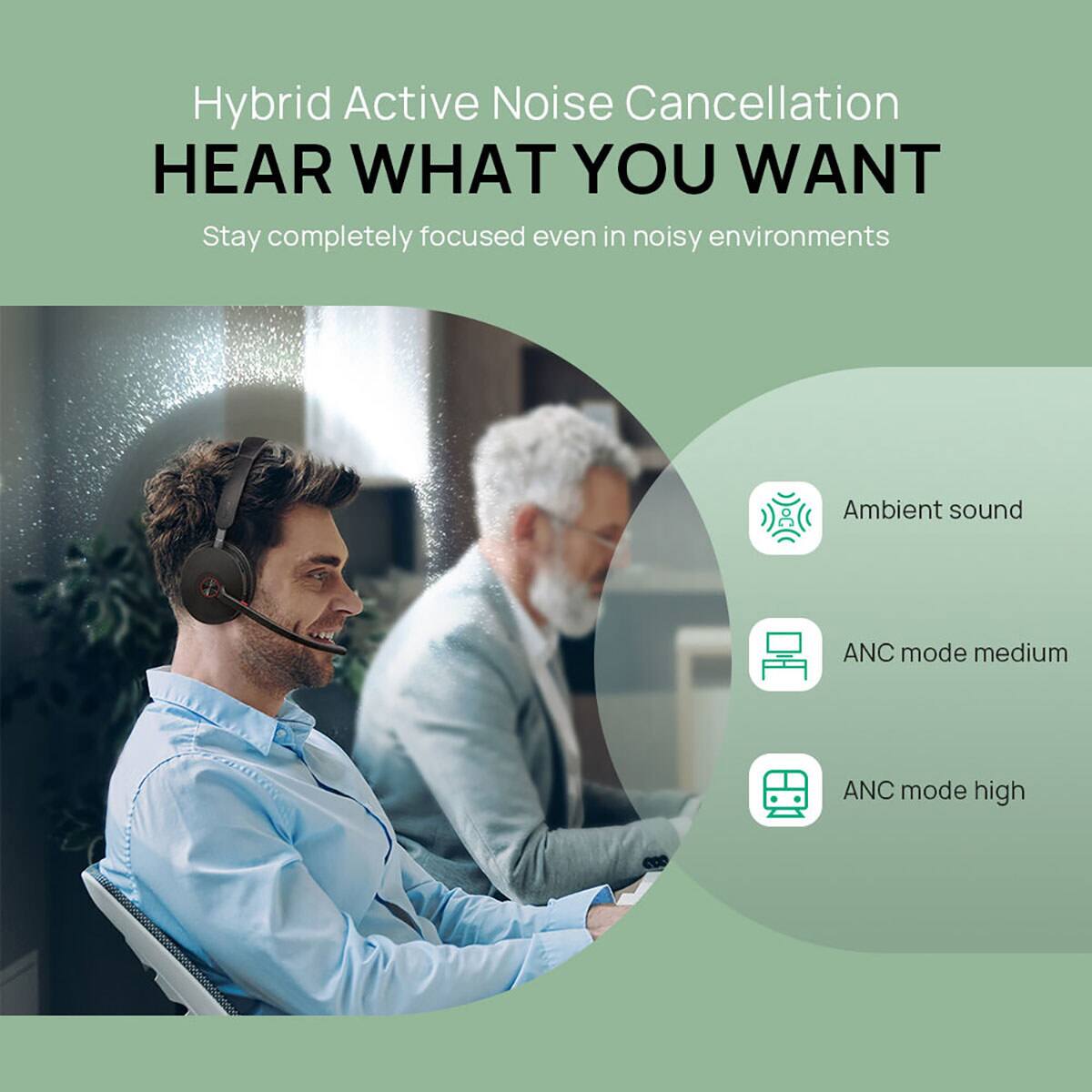 Hybrid Active Noise Cancellation  
HEAR WHAT YOU WANT  
Stay completely focused even in noisy environments  

- Ambient sound  
- ANC mode medium  
- ANC mode high