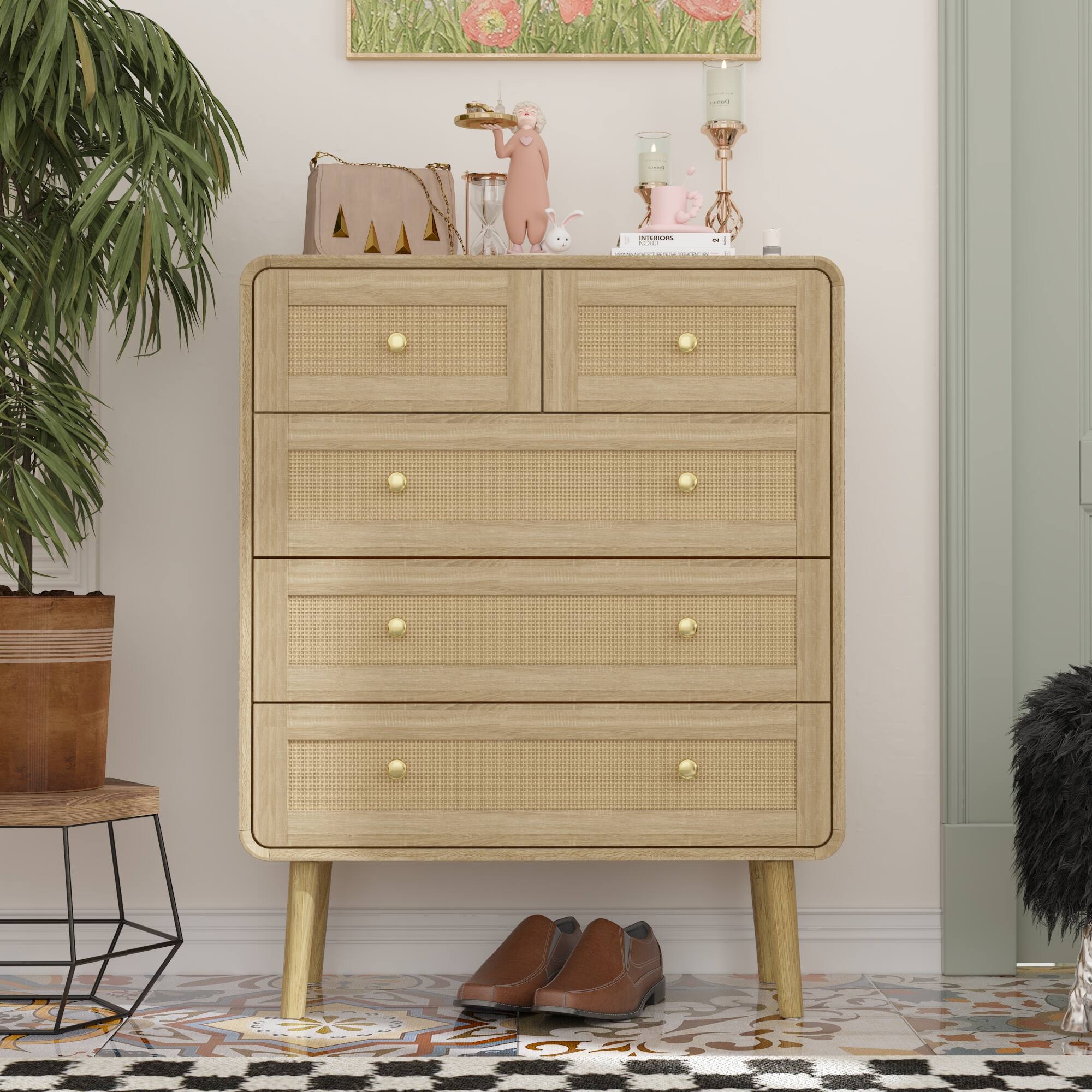 Alt View 9. FUFU & GAGA - FUFU&GAGA 5 - Drawer Vertical Dresser with Anti - Tip & Rattan Accents - Wooden.