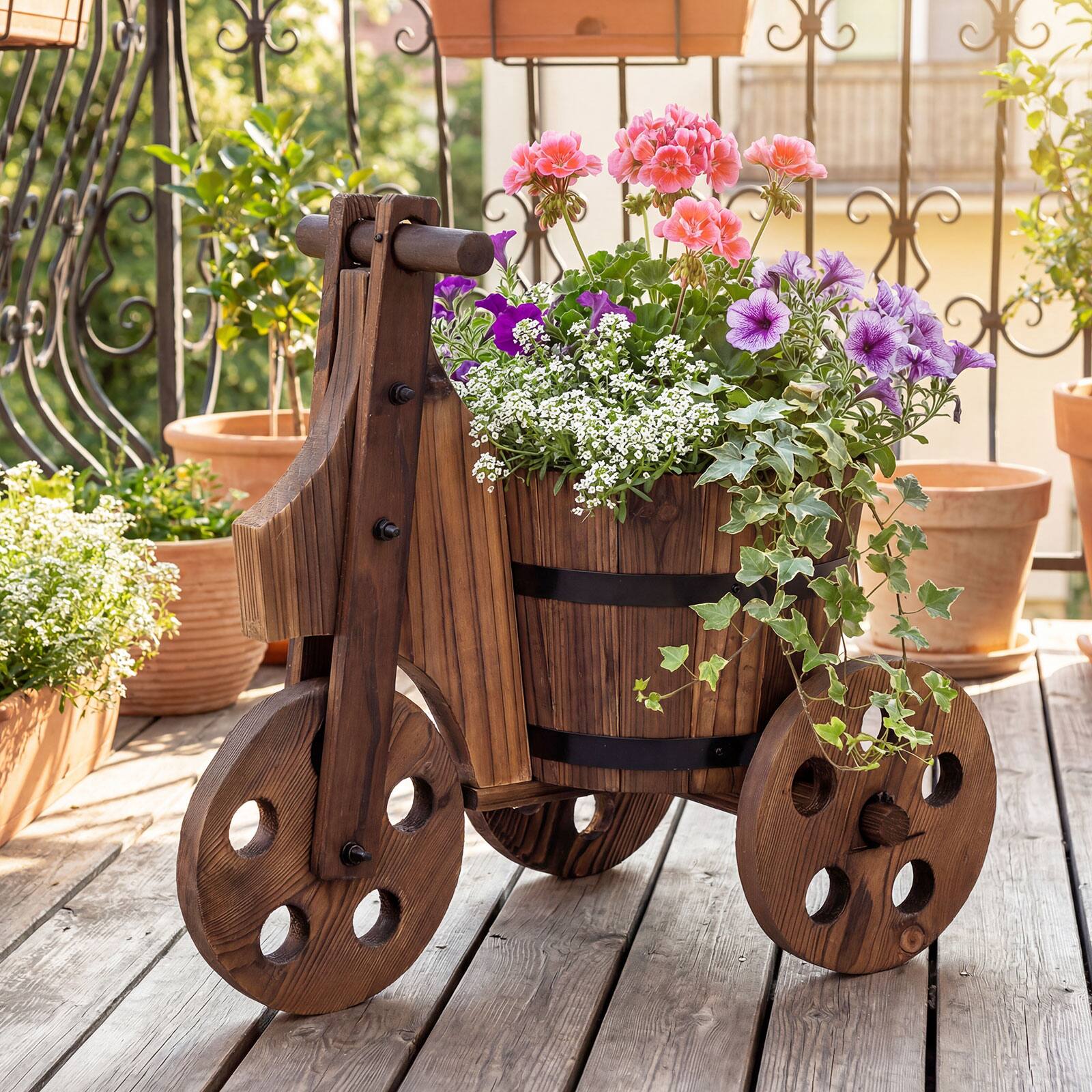 Alt View 1. Costway - Costway 2 PCS Rustic Wood Tricycle Planter with Barrel Pot & Drainage for Patio Garden - Coffee.