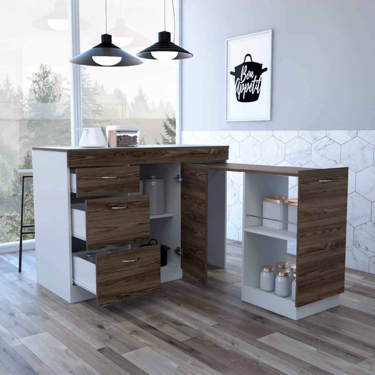 Loheer - Modern Kitchen Base Cabinet with Expandable Top Surface White and Dark Walnut Finish - Multicolor